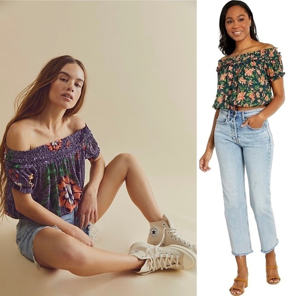 NWT FREE PEOPLE 70s Smocked Off Shoulder Floral Short Sleeve Blouson Crop Top S - Picture 9 of 11